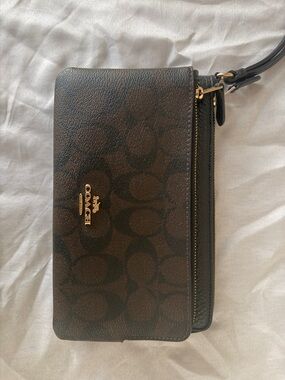 Coach Brown Signature Zip Wristlet with Gold Hardware